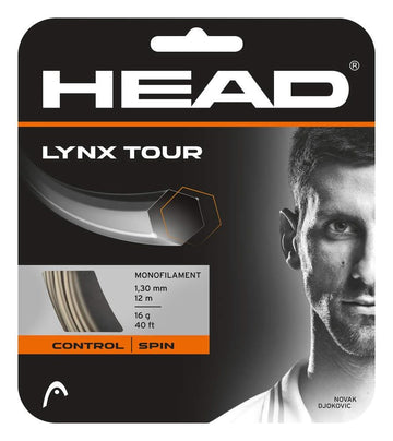 The packaging of the HEAD Lynx Tour Tennis String Set - Champagne features a partially visible tennis player's face and highlights "Control and Spin." It is made from co-polyester monofilament, with a thickness of 1.30 mm, offered in lengths of 12m or 40ft and weighs 16g.