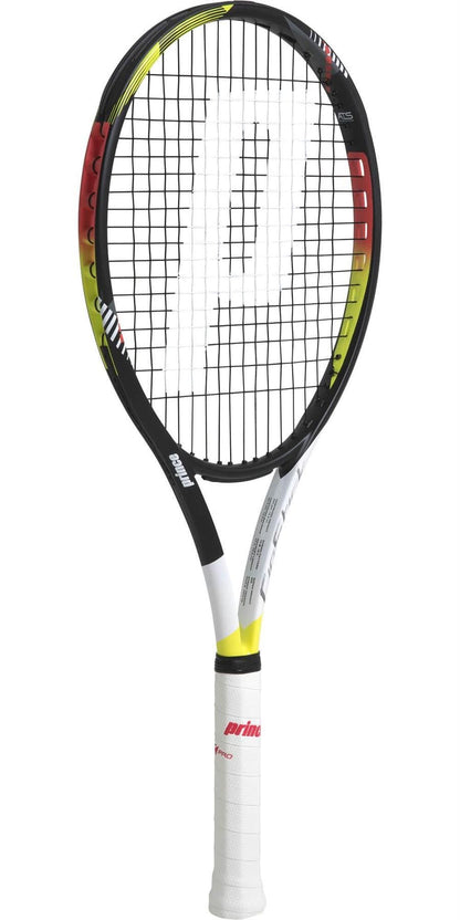 The Prince Ripstick 100 300g Tennis Racket, featuring a black, red, and yellow design without strings, highlights a powerful TeXtreme frame. It includes a striking gradient from red to yellow and showcases the bold white "P" logo on its strings.