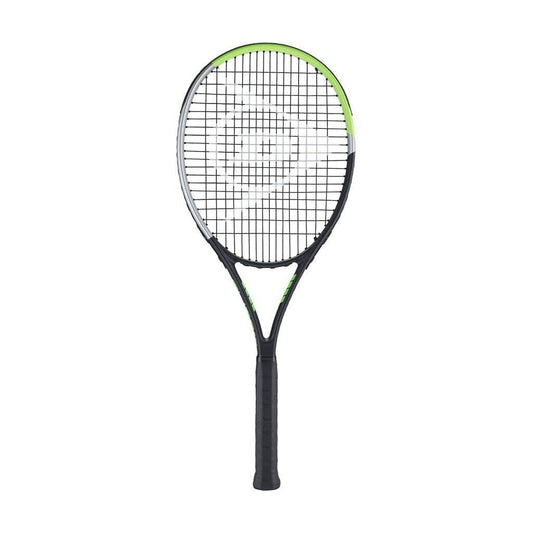 The Dunlop Tristorm Elite 270 Tennis Racket is ideal for beginner adults, featuring a sleek black, green, and silver frame with durable black strings and a comfortable black handle. Weighing only 270 grams, its head prominently showcases the Dunlop logo at the center.