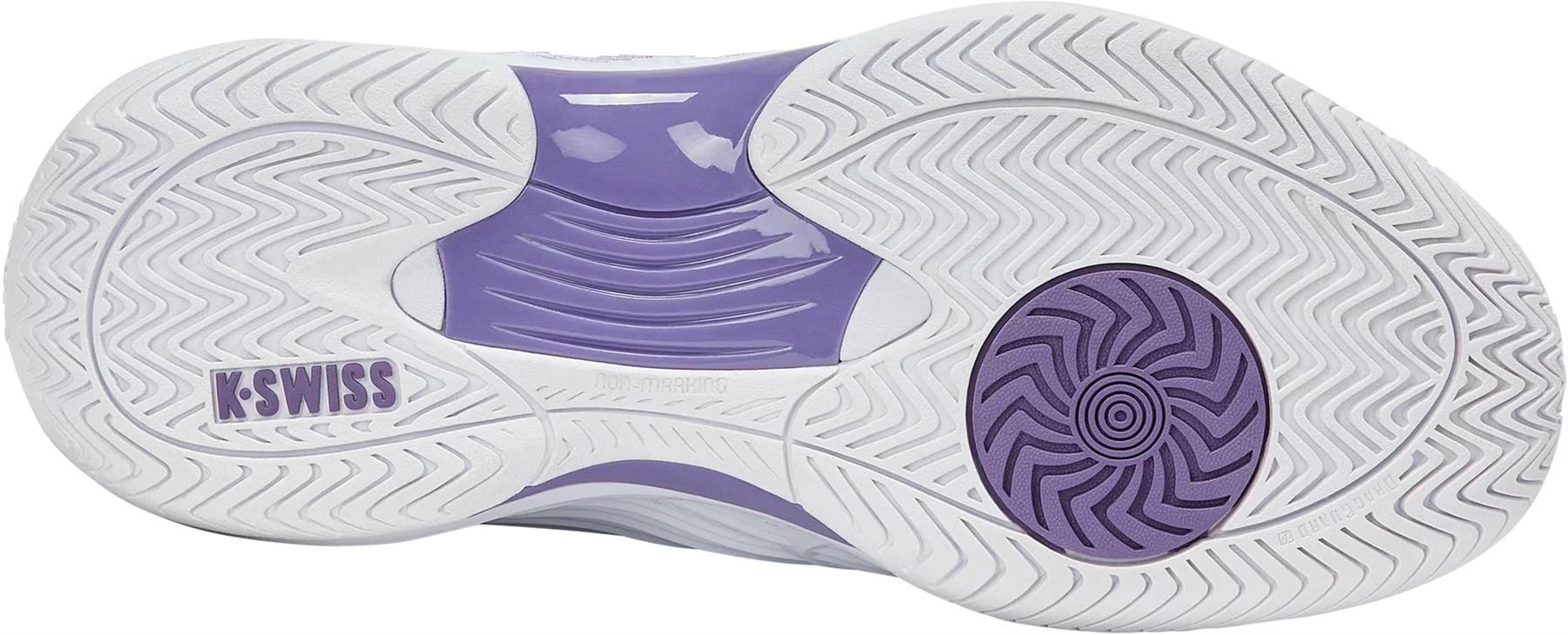 The image shows the sole of the K-Swiss Hypercourt Express 3 Women’s Tennis Shoe in White/Purple Haze/Lunar Rock, featuring a textured grip with circular forefoot design, Surgelite+ midsole detail, and K-Swiss branding near the heel.