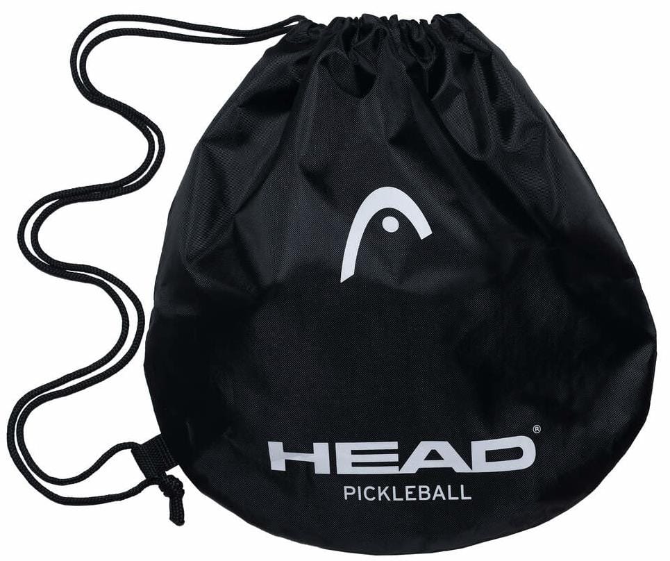 A black drawstring bag featuring "HEAD," "PICKLEBALL" in white, and the HEAD logo is shown on a white background—ideal for carrying your HEAD Kickstarter Pickleball Paddle Pack.
