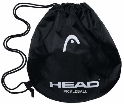 A black drawstring bag featuring "HEAD," "PICKLEBALL" in white, and the HEAD logo is shown on a white background—ideal for carrying your HEAD Kickstarter Pickleball Paddle Pack.