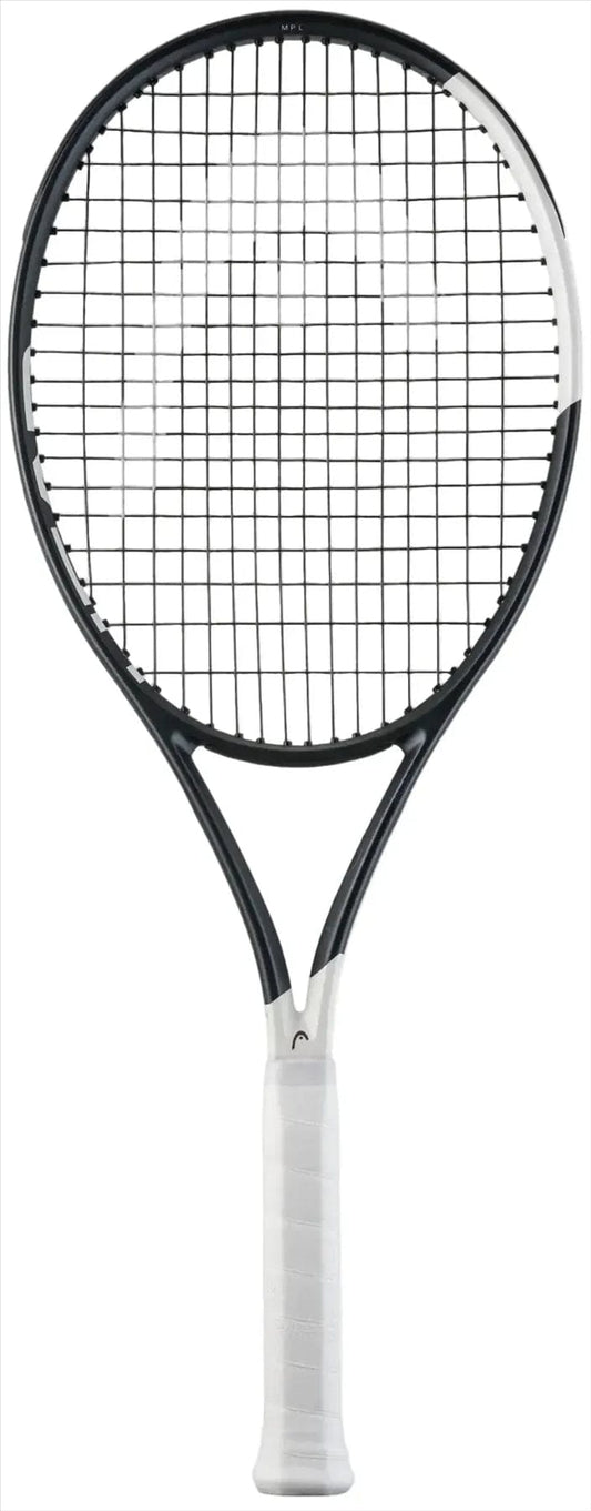 The HEAD Speed MP L 2026 Tennis Racket - Black / White by HEAD, featuring a white grip and Auxetic 2.0 technology, is displayed upright against a plain white background.