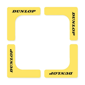 Dunlop Tennis Court Edge - Yellow (8 Pack) vibration dampeners, crafted in the shape of corner brackets from non-slip rubber, are arranged to form a square and feature the Dunlop brand name printed in black on each piece.