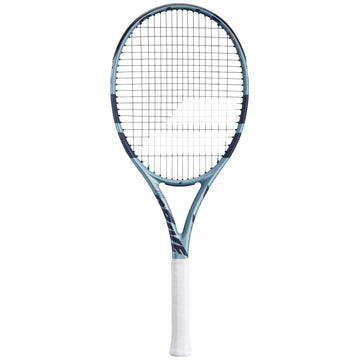 The Babolat EVO Drive Gen 2 Tennis Racket in blue, featuring advanced Air Handle Touch technology for power and control, is shown with a white grip and modern string grid design against a plain white background.