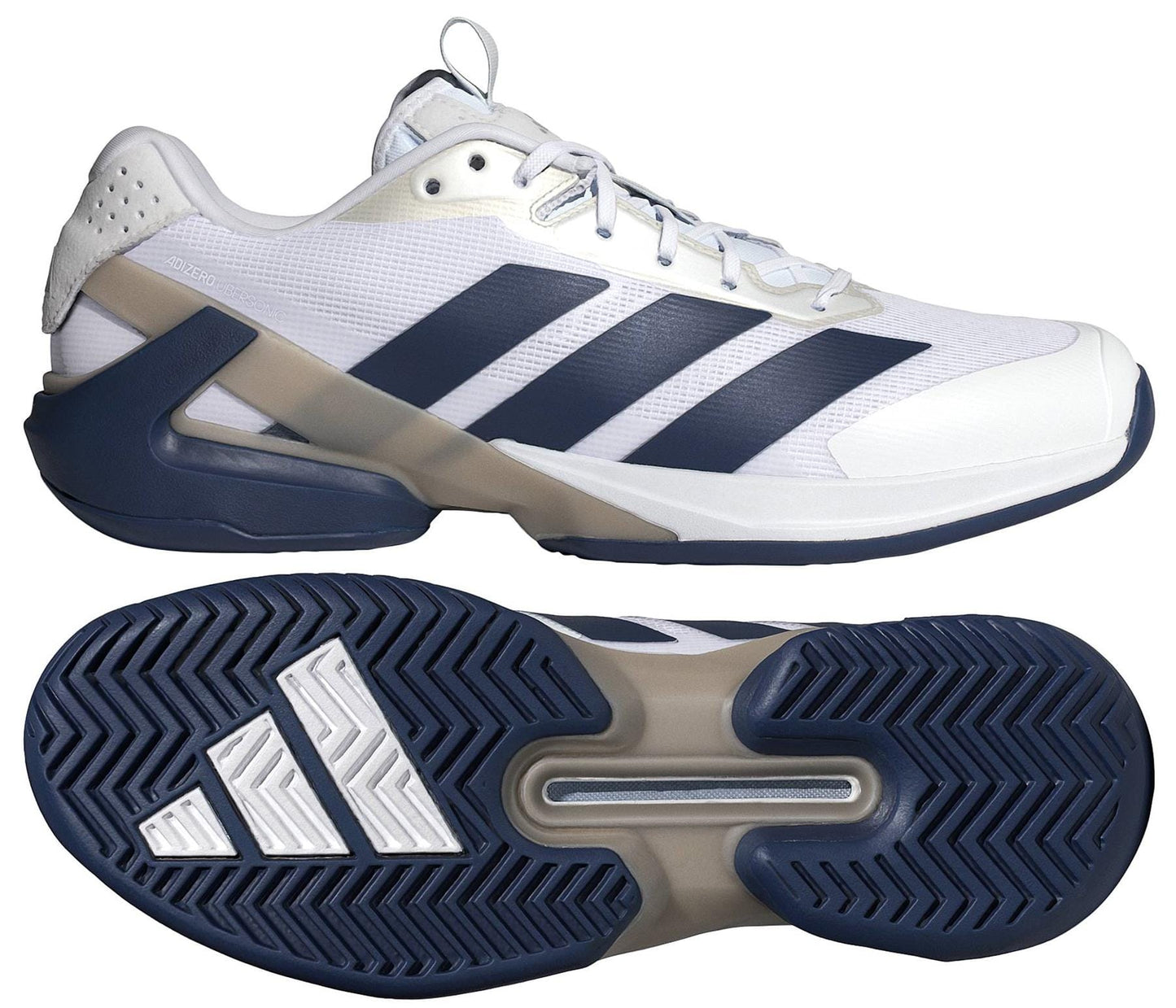 ADIDAS Adizero Ubersonic 5 Men’s Tennis Shoes in white and navy feature three dark adidas stripes on the upper and a herringbone outsole with the adidas logo, shown from both side and bottom views.