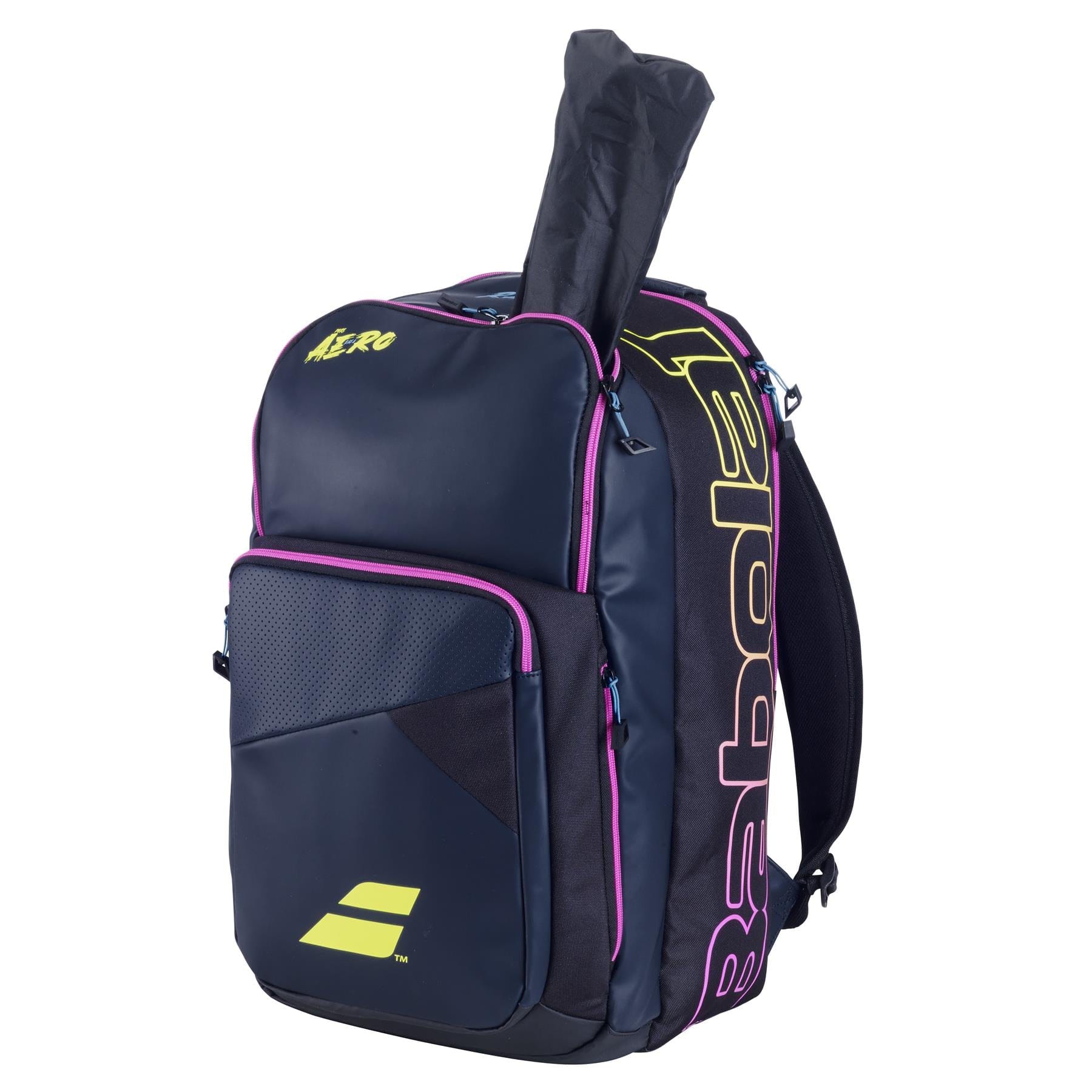 The Babolat Pure Aero Rafa II Tennis Backpack in black, pink, and yellow showcases a racquet elegantly extending from the top compartment. Featuring the brand name prominently printed on the side, it offers the same functionality as other Babolat Pure Aero products with multiple zippered pockets for easy organization.