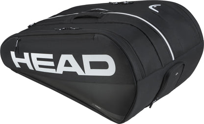 The HEAD Tour 12 Racket Tennis Bag XL - Black by HEAD features white lettering and stripe details, multiple zippered compartments, and a curved, structured design—ideal as a spacious and stylish bag for serious players.