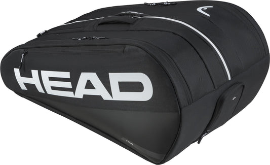 The HEAD Tour 12 Racket Tennis Bag XL - Black by HEAD features white lettering and stripe details, multiple zippered compartments, and a curved, structured design—ideal as a spacious and stylish bag for serious players.