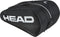 The HEAD Tour 12 Racket Tennis Bag XL - Black by HEAD features white lettering and stripe details, multiple zippered compartments, and a curved, structured design—ideal as a spacious and stylish bag for serious players.