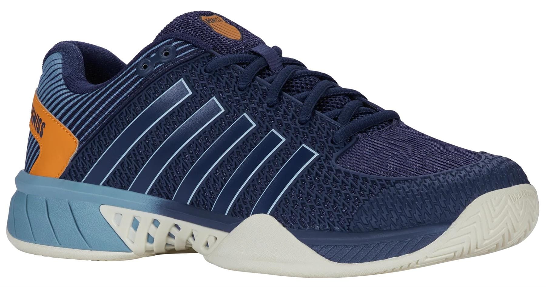 The K-Swiss Express Light Men's Pickleball Shoes in Oceana / Forget Me Not feature a navy mesh upper with light blue and white accents, textured sole, and orange details—ideal lightweight shoes for comfort and agility on the court.