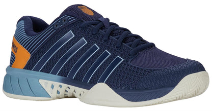 The K-Swiss Express Light Men's Pickleball Shoes in Oceana / Forget Me Not feature a navy mesh upper with light blue and white accents, textured sole, and orange details—ideal lightweight shoes for comfort and agility on the court.
