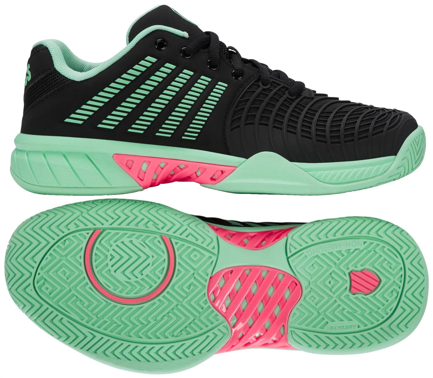 The K-Swiss Express Light 3 Womens Tennis Shoes in Black/Neon Mint/Pastel Pink feature mint green soles, accents, and diagonal stripes with pink midsole and outsole details. The image shows a side view and the tread of these lightweight shoes.