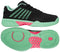 The K-Swiss Express Light 3 Womens Tennis Shoes in Black/Neon Mint/Pastel Pink feature mint green soles, accents, and diagonal stripes with pink midsole and outsole details. The image shows a side view and the tread of these lightweight shoes.