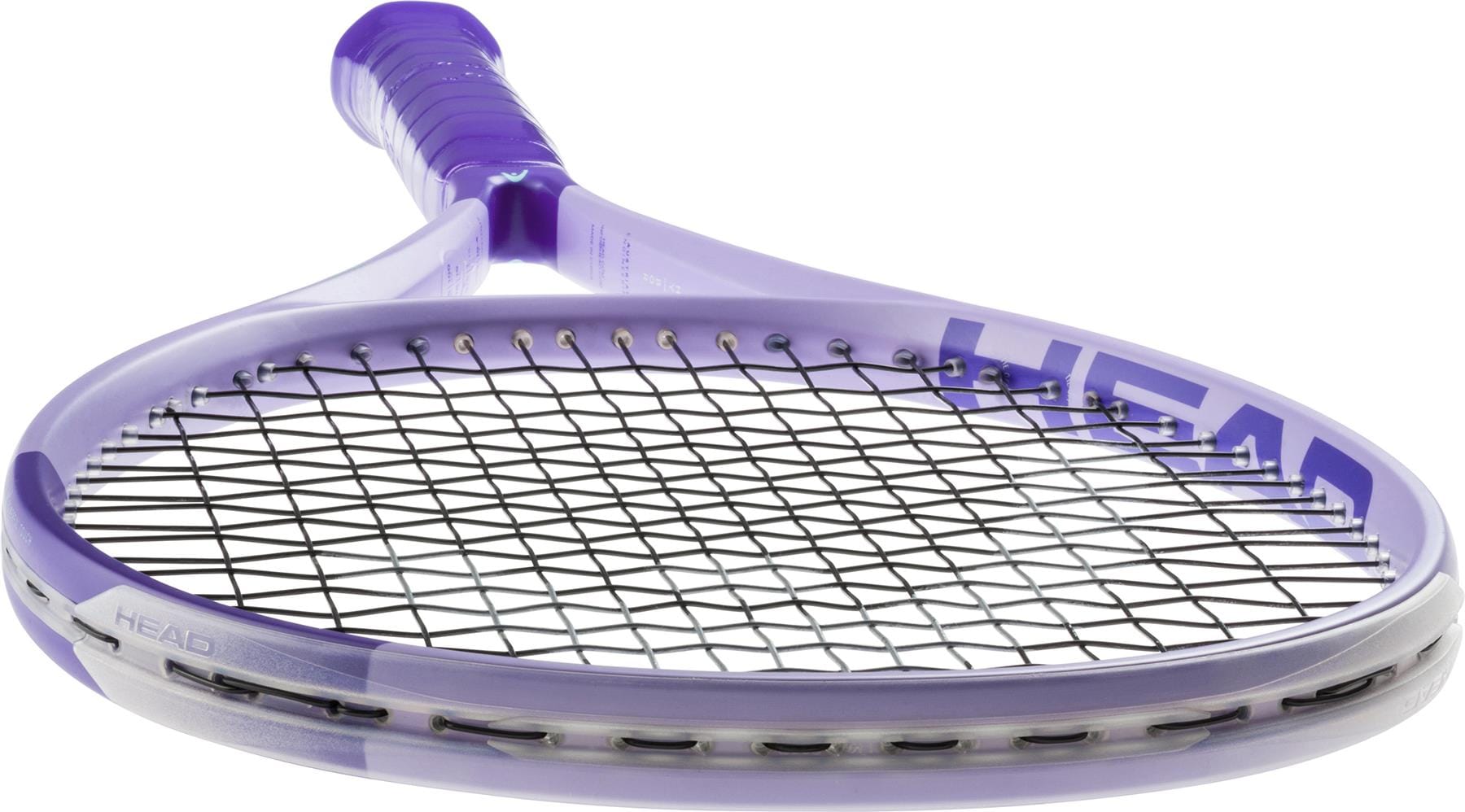 A close-up of the HEAD Boom MP Alternate 2026 Tennis Racket in purple and white with black strings highlights its frame and handle, showcasing a powerful design. The "HEAD" brand name is clearly visible on the side.