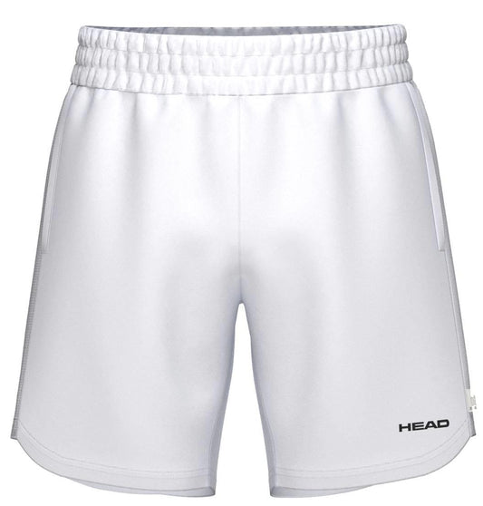 The HEAD Power Men's Tennis Shorts in white feature a smooth, slightly shiny finish, elastic waistband, and "HEAD" logo at the bottom right hem. These breathable shorts offer a modern design with moisture-wicking comfort for athletes.