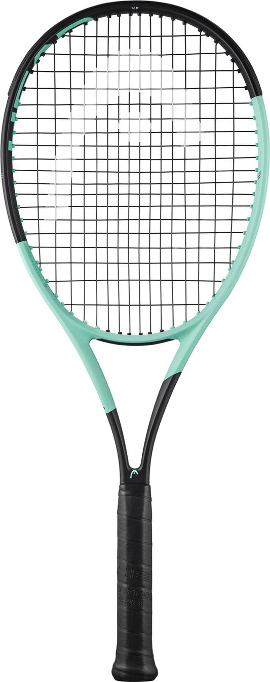 The HEAD Boom MP 2024 Tennis Racket boasts a stylish black and mint frame, incorporating Graphene Inside and Auxetic 2.0 technology to boost performance. The handle is wrapped in a black grip, all presented against a simple white backdrop.