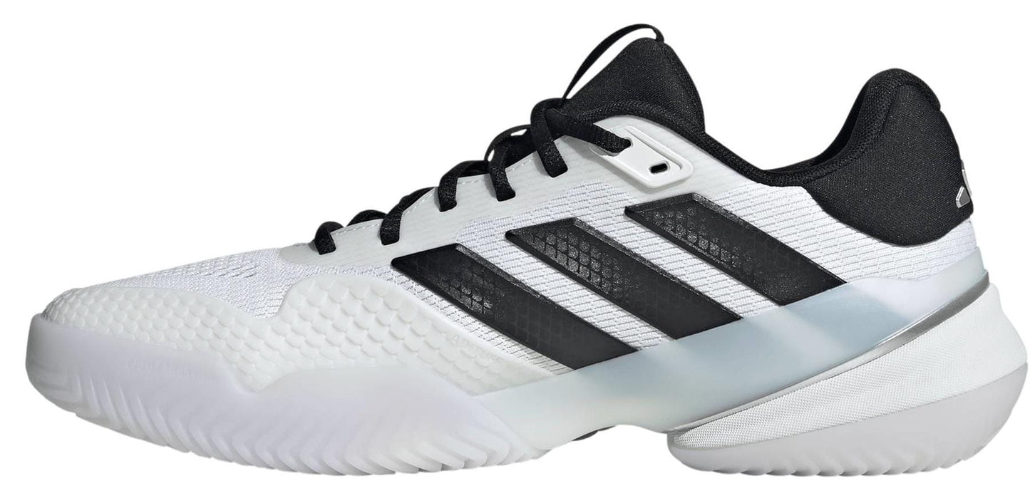 The adidas Barricade 14 Men's Wide Tennis Shoes in white feature three black stripes, a black tongue and heel, a textured upper, and thick white sole—ideal for those seeking classic men's tennis style.