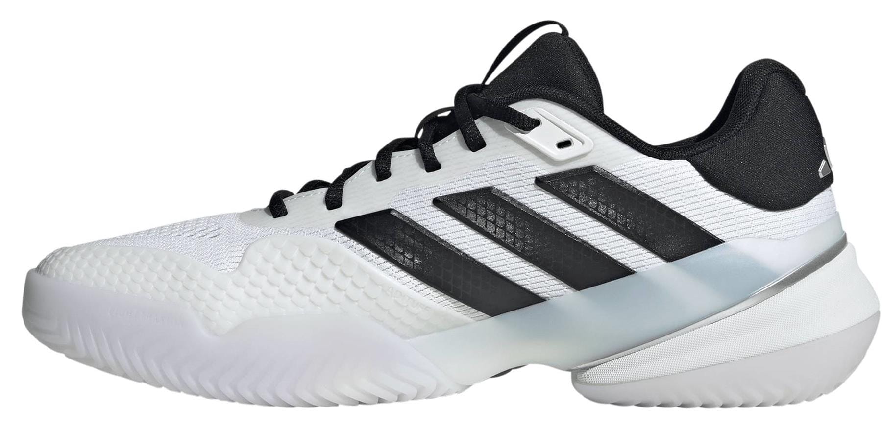 The adidas Barricade 14 Men's Wide Tennis Shoes in white feature three black stripes, a black tongue and heel, a textured upper, and thick white sole—ideal for those seeking classic men's tennis style.