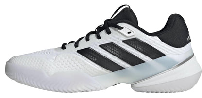 The adidas Barricade 14 Men's Wide Tennis Shoes in white feature three black stripes, a black tongue and heel, a textured upper, and thick white sole—ideal for those seeking classic men's tennis style.
