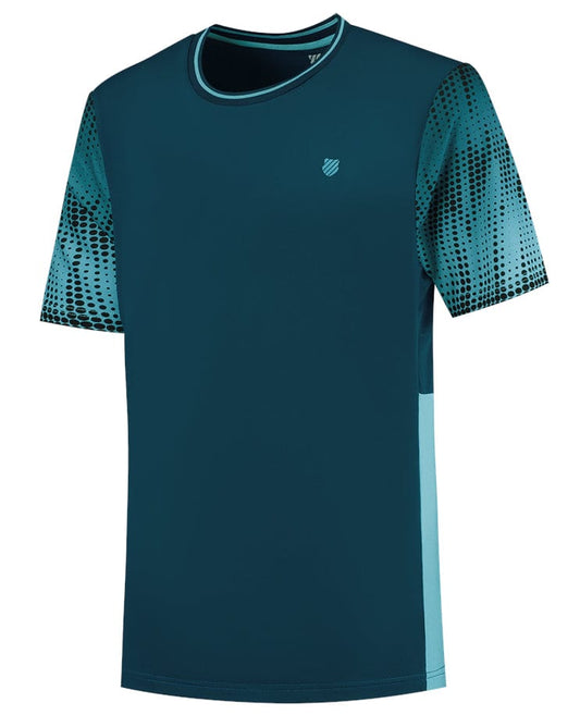 Introducing the K-Swiss Hypercourt Print Crew 3 Tennis T-Shirt in Blue Opal: a high-performance athletic shirt featuring dark teal hues with light teal accents and a discreet emblem on the chest. The sleeves showcase a gradient pattern of small black dots that shift to a lighter tone, perfectly combining style and functionality for athletes.