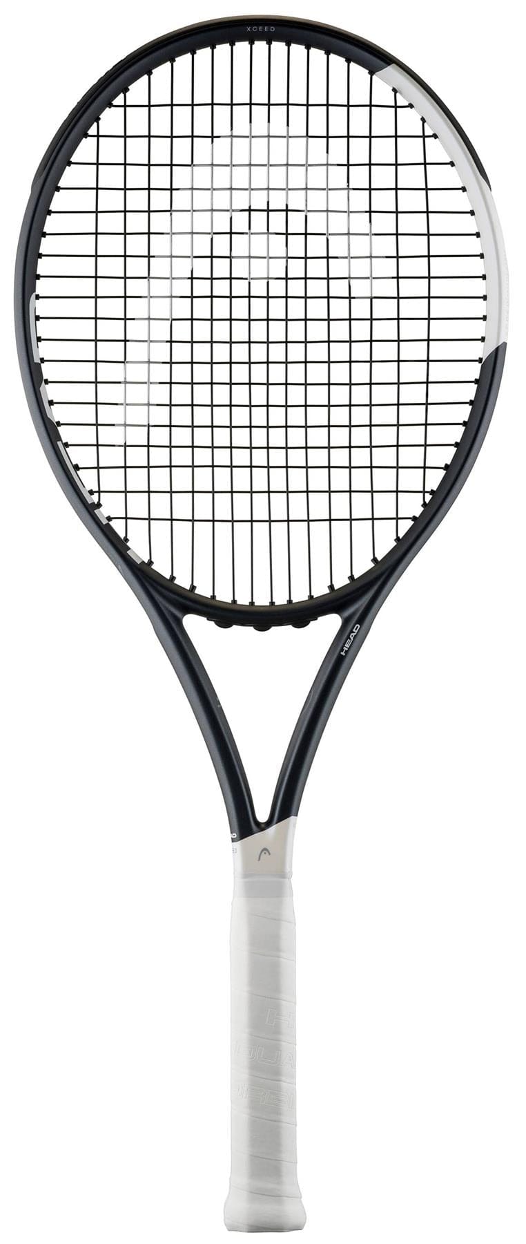 The HEAD IG Speed XCEED Tennis Racket by HEAD, featuring a graphite frame, white grip, and black and white design with tightly strung netting, is displayed against a white background.