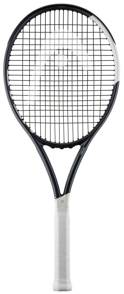 The HEAD IG Speed XCEED Tennis Racket by HEAD, featuring a graphite frame, white grip, and black and white design with tightly strung netting, is displayed against a white background.