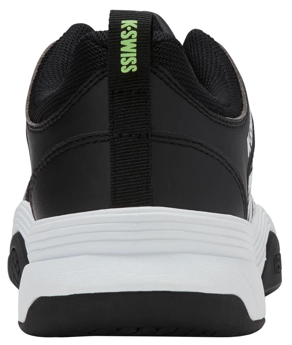 A rear view of the K-Swiss Express 2 Men’s Tennis Shoe in Black/White/Soft Neon Green shows a white sole, black mesh and leather upper, and a green "K-SWISS" heel tab label.