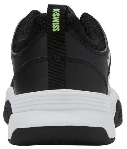 A rear view of the K-Swiss Express 2 Men’s Tennis Shoe in Black/White/Soft Neon Green shows a white sole, black mesh and leather upper, and a green "K-SWISS" heel tab label.
