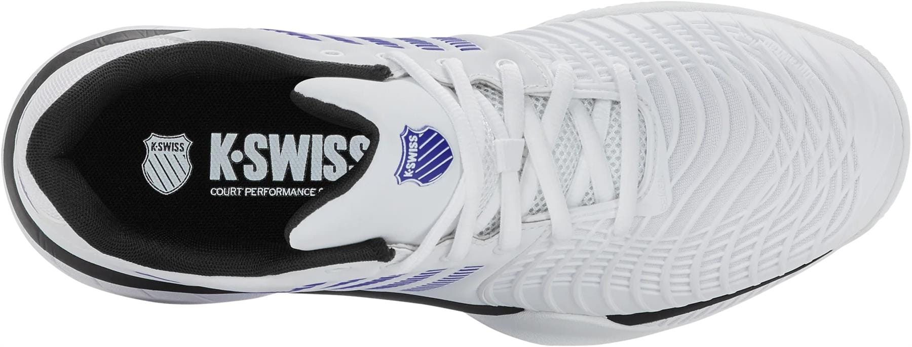 Top view of the K-Swiss Express Light 3 Men's Tennis Shoes in White/Dazzling Blue/Black, featuring a textured upper, white laces, and the K-Swiss logo on the black insole—crafted for lightweight performance.