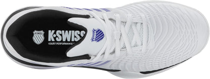 Top view of the K-Swiss Express Light 3 Men's Tennis Shoes in White/Dazzling Blue/Black, featuring a textured upper, white laces, and the K-Swiss logo on the black insole—crafted for lightweight performance.