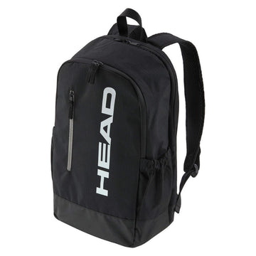 The HEAD BASE Tennis Backpack 17L - Black by HEAD offers a vertical white logo, spacious racket compartment, top handle, two shoulder straps, side pockets, and a front zippered pocket.