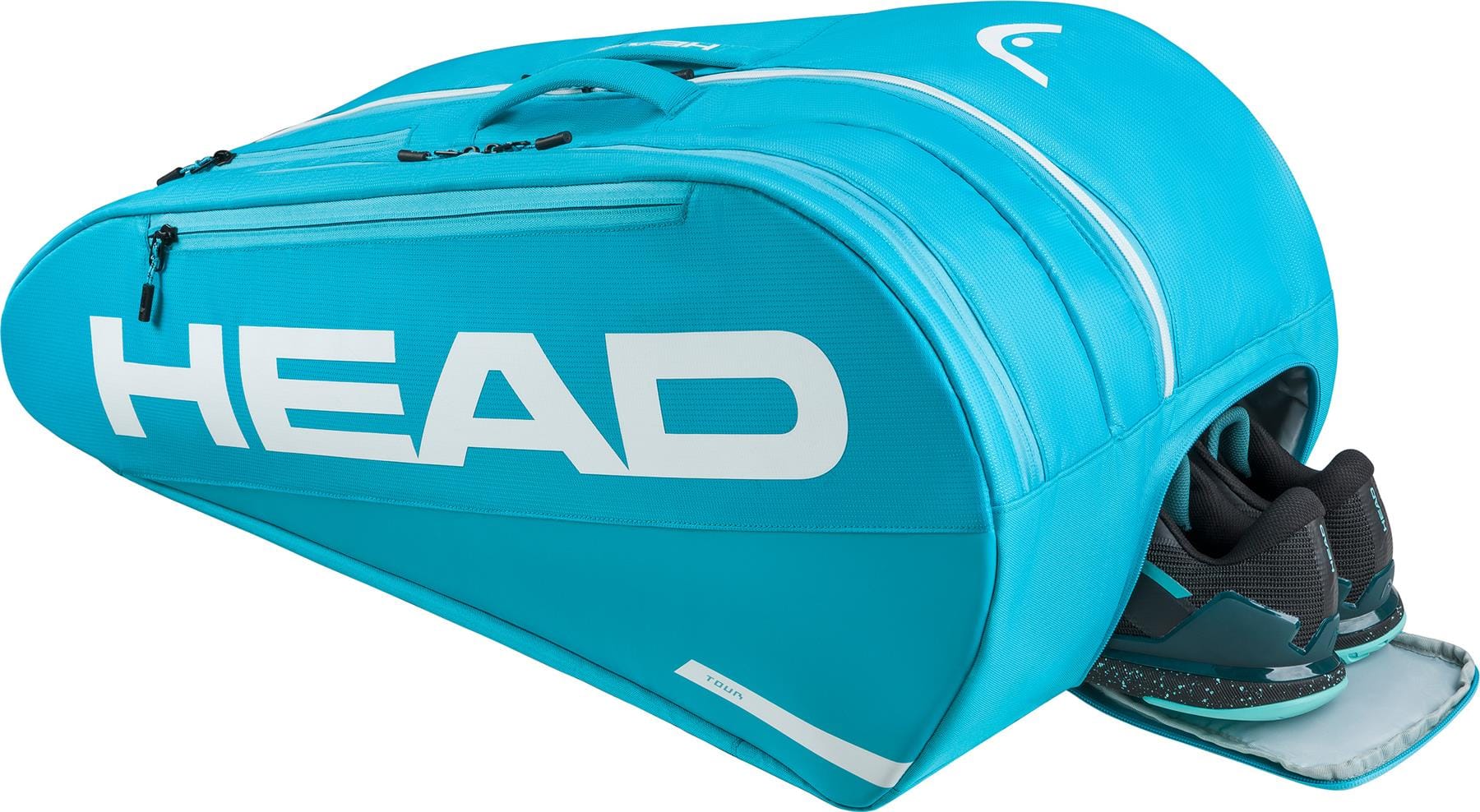 The HEAD Tour 9 Racket Tennis Bag L in blue features CCT+ climate control, a partially unzipped compartment revealing black athletic shoes, and the bold white "HEAD" logo on the side.
