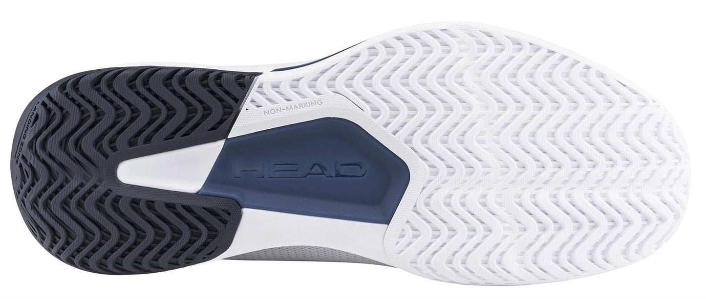 Close-up of the HEAD Revolt Court 5.0 Mens Tennis Shoes - White / Blueberry sole, showing white and black herringbone tread, "HEAD" branding, and "NON-MARKING" in the blue midsole for tennis performance.