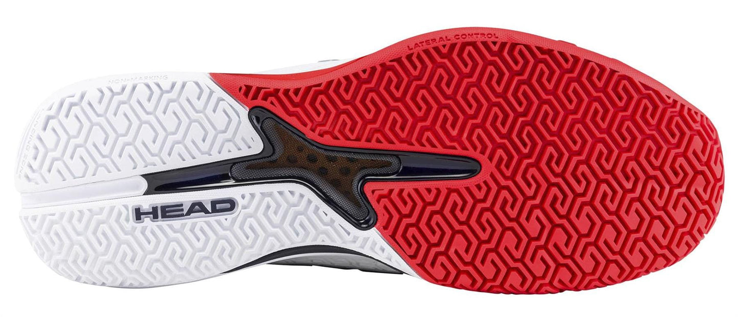 The image shows the sole of HEAD Revolt Pro 5.0 Men's Tennis Shoes - White / Navy, by HEAD, with a geometric tread and a black and transparent center for support and stability, designed specifically for baseline players.