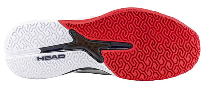 The image shows the sole of HEAD Revolt Pro 5.0 Men's Tennis Shoes - White / Navy, by HEAD, with a geometric tread and a black and transparent center for support and stability, designed specifically for baseline players.