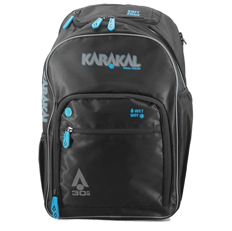 The Karakal Pro Tour 30 2.1 Tennis Backpack in black and blue, with a spacious 30-litre capacity, offers multiple compartments and a "Wet Dry" feature. It includes padded shoulder straps for enhanced comfort, making it ideal for both casual outings and intense sporting events.