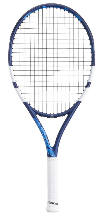 The Babolat Drive Junior 25 Tennis Racket, in blue and white with a white grip and black strings, designed for intermediate players, is shown on a white background.