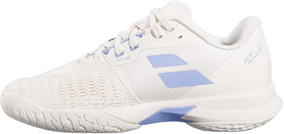 The Babolat Jet Mach 4 All Court Women's Tennis Shoes in Cream/Lavender feature a textured sole, side branding, and a low-profile design with mesh and synthetic uppers for breathability and support.