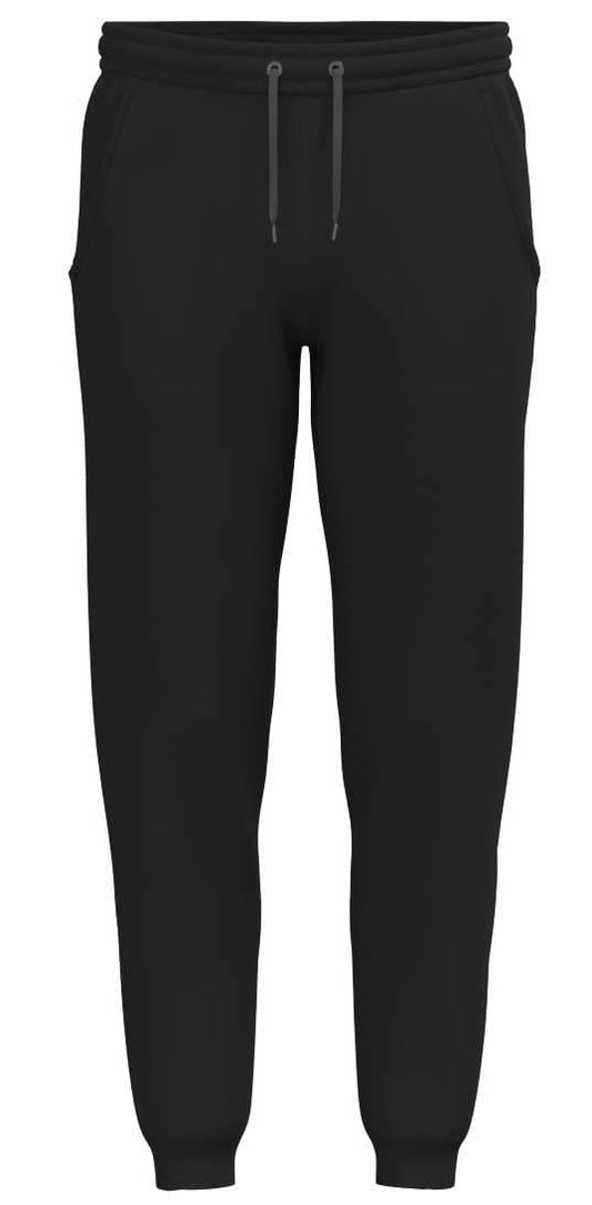 HEAD Club Original Mens Tennis Pants in black by HEAD, crafted from soft French terry with an elastic waistband, drawstrings, side pockets, and fitted ankle cuffs. Ideal for tennis. Shown on a plain white background.