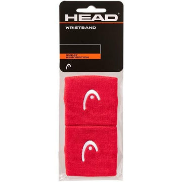 Set of HEAD 2.5" Tennis Wristbands in red, with white logo embroidery, emphasizing "sweat absorption" on the label. The package contains two wristbands.