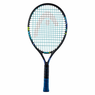 The HEAD Novak 21 Junior Tennis Racket by HEAD is shown in black with blue accents, a blue grip, and patterned stringing plus subtle yellow highlights on the frame—great for young Djokovic fans.
