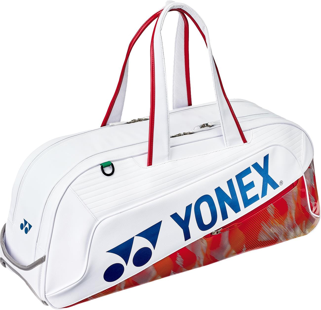 The Yonex 02631WEX Expert Tournament Tennis Bag in white features red handles, blue Yonex logo and name, a subtle red and gold pattern on the bottom edge, plus Thermo Guard technology to protect your gear at tournaments.