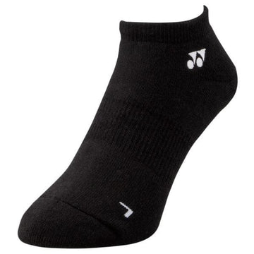 A single black Yonex 19121EX 3D ERGO low cut tennis sock, featuring a subtle white logo near the cuff, is showcased against a plain white background. The sock's outstanding cushioning and ribbed detailing are clearly visible, providing both comfort and style.