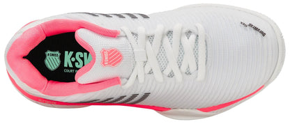 Top view of the K-Swiss Hypercourt Express 2 Women's Tennis Shoes in White/Pastel Pink/Black, featuring pink accents, black and green K-Swiss insole logo, "Durawrap Flex" near the toe, and designed for cushioning and stability.