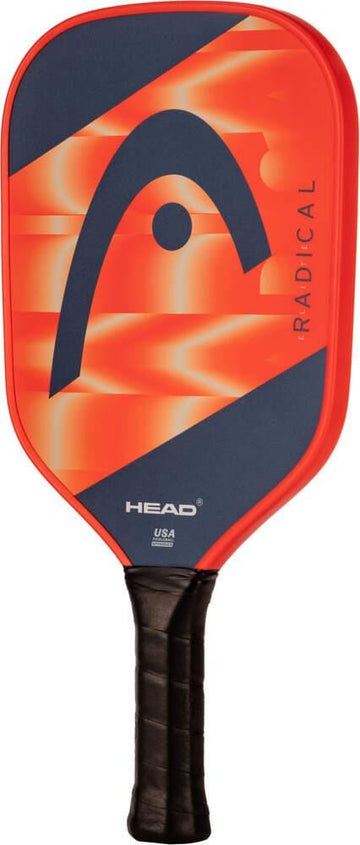 The HEAD Radical Elite 2024 Pickleball Paddle features a bold red and orange design with a black handle, HEAD logo, and "RADICAL" on the face—perfect for beginner players.