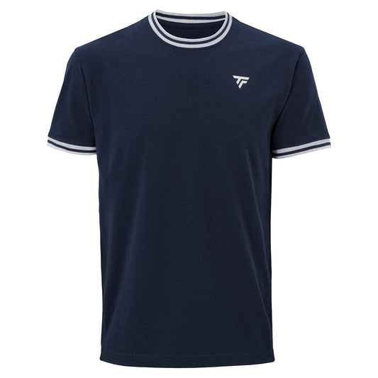 The Tecnifibre Team Stretch Mens Tennis T-Shirt in Marine Blue features white trim on the collar and sleeves, a small white chest logo, and is ideal for men seeking comfort and style during training.