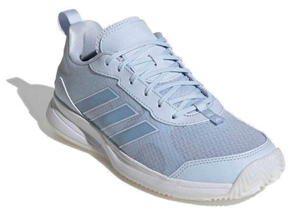 The ADIDAS AvaFlash Women's Tennis Shoes in blue feature three dark blue stripes, a white sole, breathable mesh upper, and light blue laces, displayed at an angle on a white background.