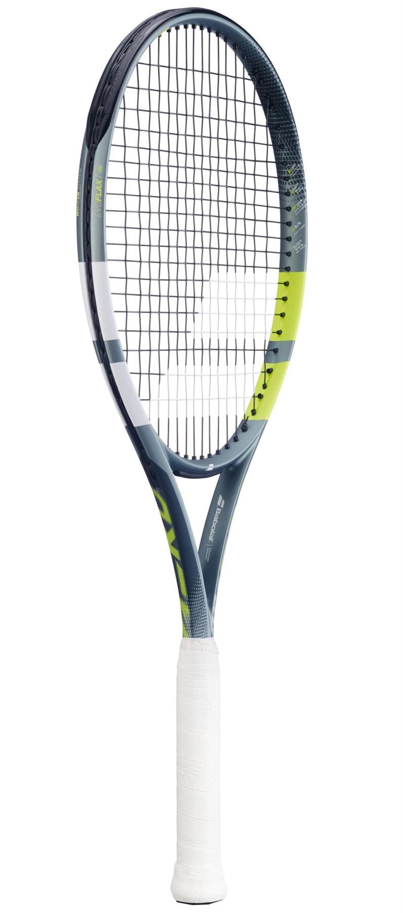 The Babolat Evo Aero Lite 2026 Tennis Racket features a dark gray frame with yellow accents and a white grip, combining lightweight performance and style. Displayed upright against a white background.