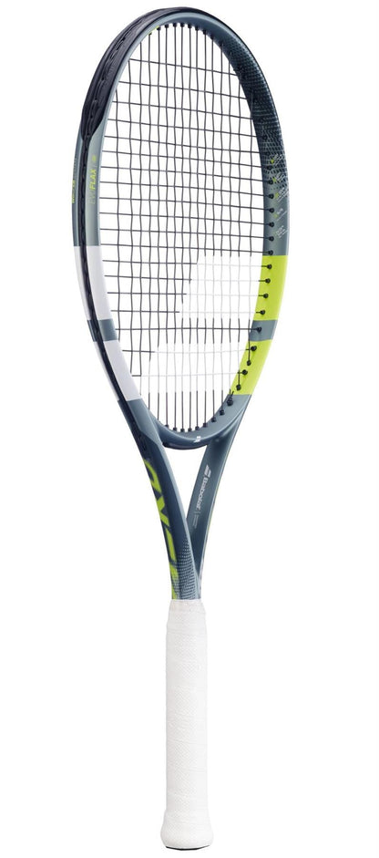 The Babolat Evo Aero Lite 2026 Tennis Racket features a dark gray frame with yellow accents and a white grip, combining lightweight performance and style. Displayed upright against a white background.